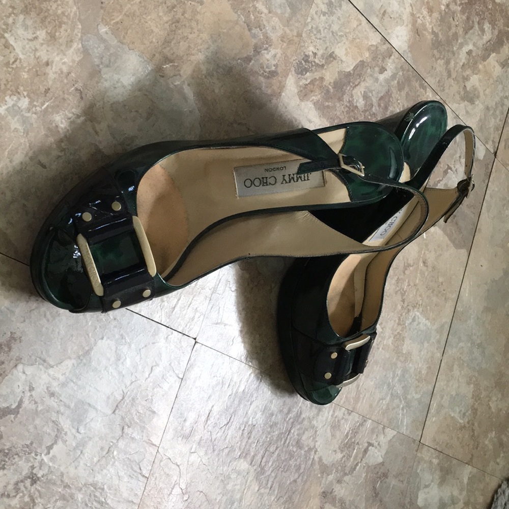 Jimmy Choo green leopard wedges